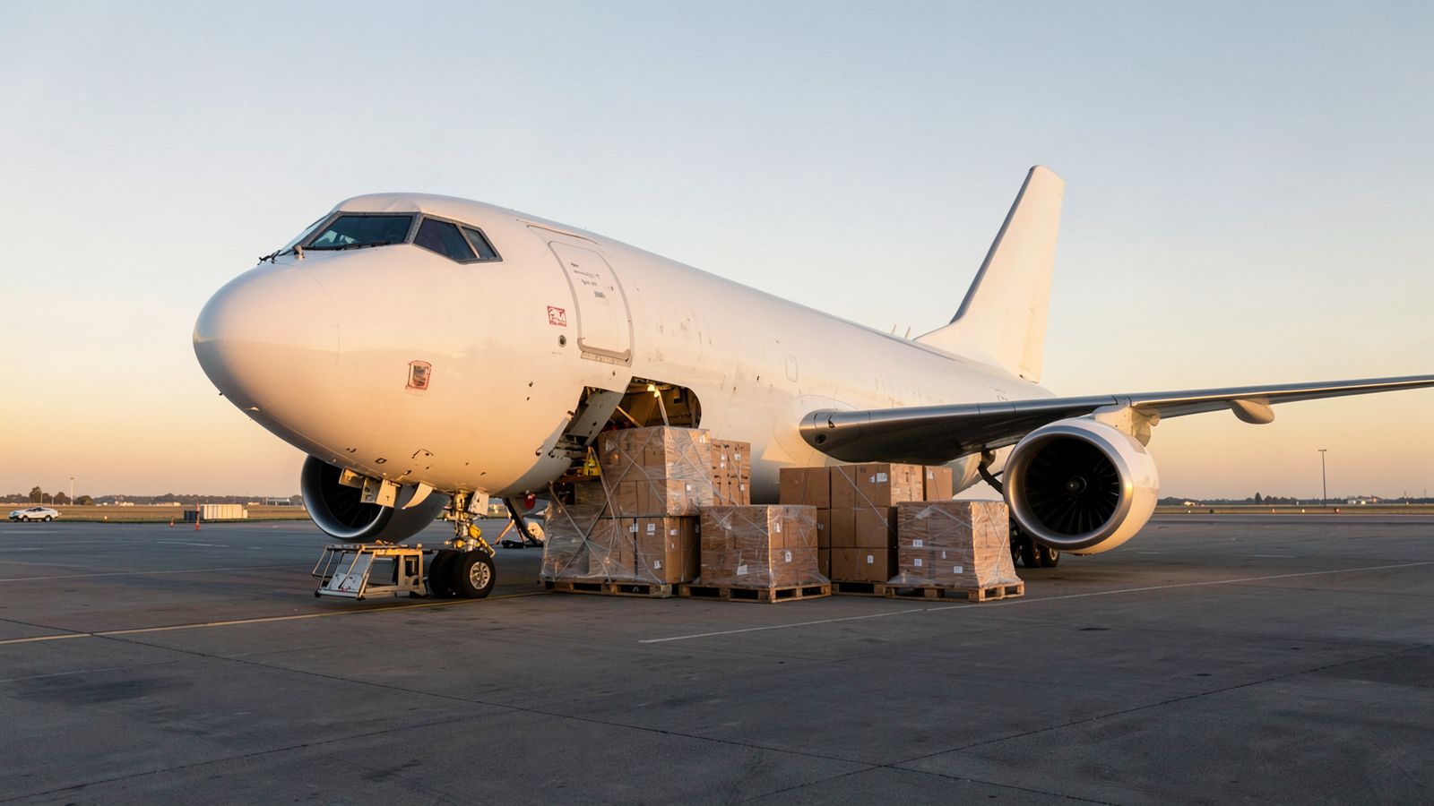 Cargo aircraft being loaded at an airport