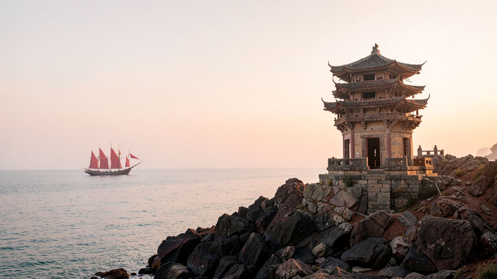 Stone pagoda by the sea at sunrise on the Fujian coast