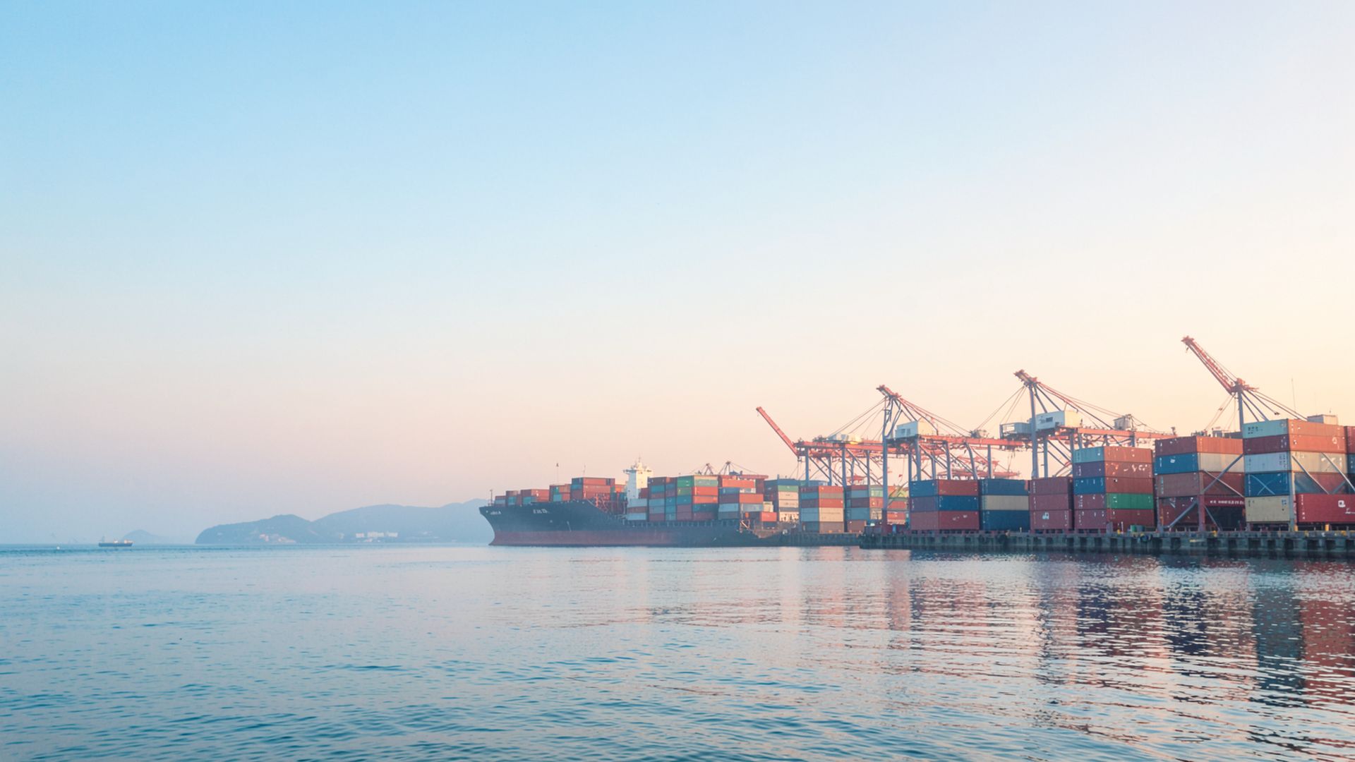 Container port on the Fujian coast at dawn